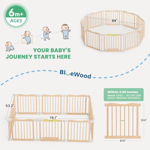 Image of Foldable Wooden Playpen, Natural Pine, 79 x 53 x 24 inches