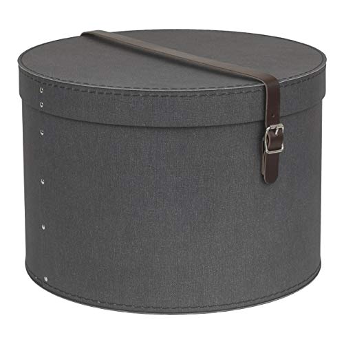 Bigso Box of Sweden Juego de 2 cajas redondas de distinto tamaño – Cajas con tapa y correa de cuero – Caja sombrerera de tablero de fibras y papel con aspecto de lino – negro