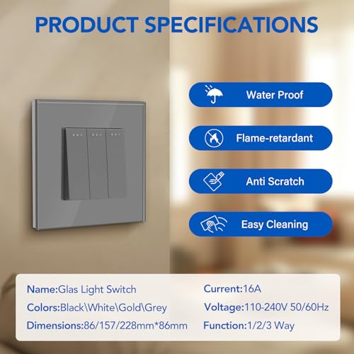 BSEED Lichtschalter 3 Fach 2 Weg Glas Lichtschalter Unterputz Taste Schalter Wechselschalter Grau Kristall Kippschalter