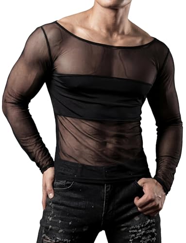 SEAUR Herren Mesh Shirt Transparent Sexy Netzshirt Langarm Slim Fit Durchsichtig Clubwear Party Top Atmungsaktiv Streetwear Schwarz Größe L