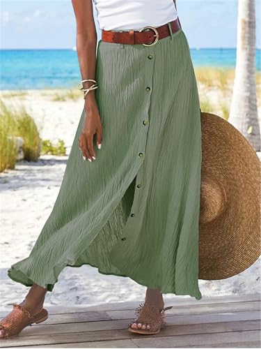 Women's Button Front Slit High Waist Maxi Skirt Cotton Linen Front Flowy Long Skirt Summer A Line Pleated Midi Skirt2