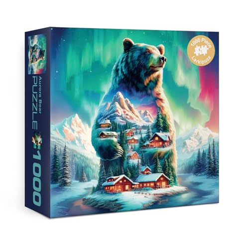 Larkipuzz Magic Northern Lights Bear Puzzles for Adults 1000 Pieces, Fantasy Winter Snow Cabin Jigsaw Puzzle, Challenging Aurora Borealis Landscape Art Puzzles