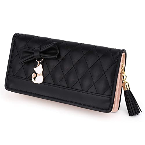UTO Women PU Leather Wallet Large Capacity Cat Pendant Card Phone Holder Checkbook Organizer Zipper Coin Purse Zoey Black