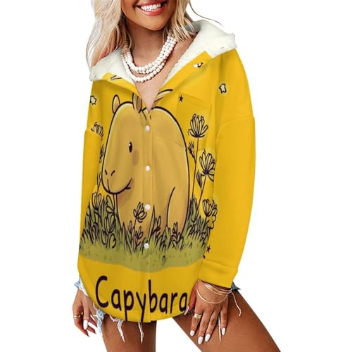 Veste polaire capybara pour femme avec capuche jaune et doublure sherpa