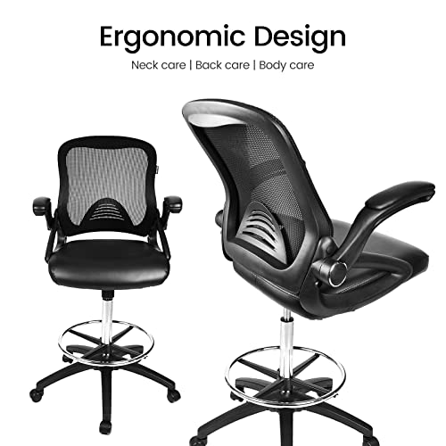 Elecwish Ergonomic Drafting Chair - Adjustable Height Tall Office Chair For Standing Desks With Flip-Up Arms Foot Rest Mesh Back Soft Pu Leather Seat, Reception Desk Chair In (Black) #TOP5