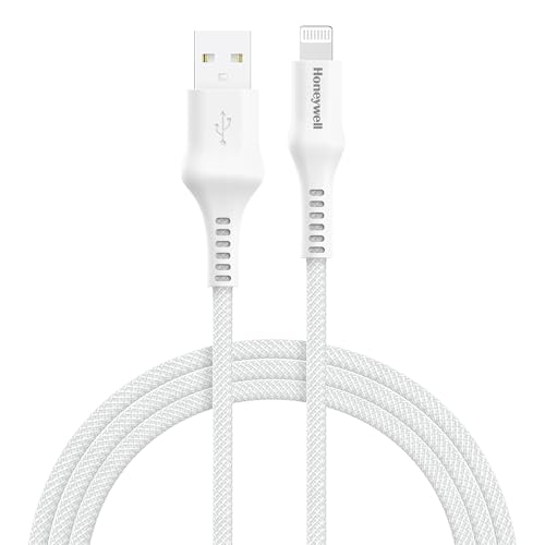 Honeywell USB A to Lightning, 4 Feet (1.2M), Nylon Braided Cable, MFI-certified, QC3.0, 2.4 A Max Output, Fast Charge & Sync Cable for iPhone, iPad, AirPods – White