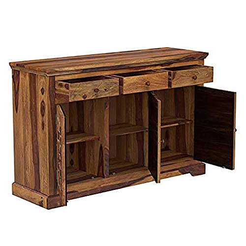Image of SHIKHA WOOD CRAFT Solid Sheesham Wood Sideboard Cabinet With 3 Drawer and 3 Door Storage | Wooden Multipurpose Cabinet Storage Furniture for Living Room, Office, Home, Kitchen (Provincial Teak Finish)