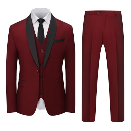Men's 3 Piece Slim Fit Suit, Formal Business Tuxedo Set with Jacket, Vest, Pants, 4 Button Design for Wedding