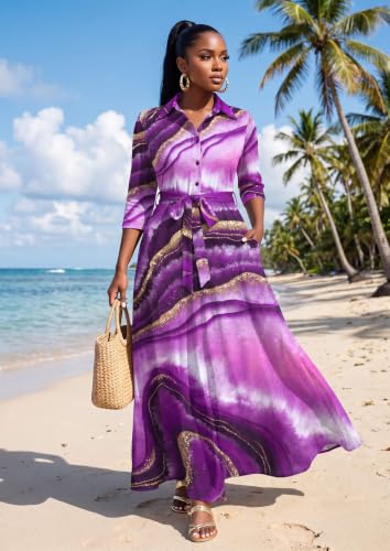 Image of Runwind Women Church Maxi Dresses 3 /4 Sleeve Button Down Print Casual Office Dress African