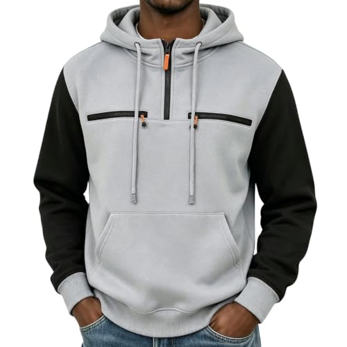 Men's Color Block Half Zip Drawstring Tactical Hoodie With Zipper Pockets
