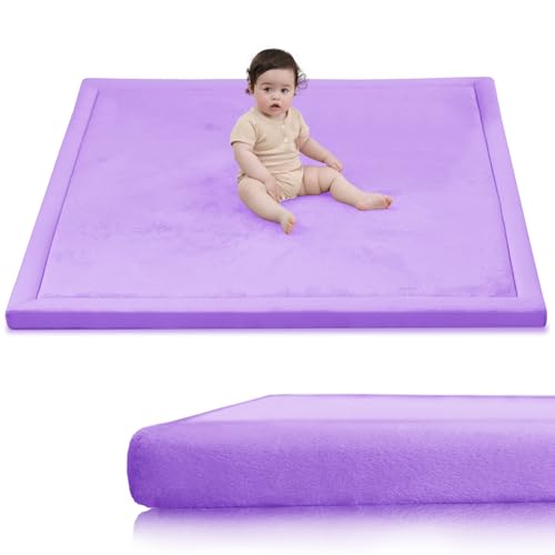 Image of Baby Play Mat for Floor,1.3 inch Thick Elasti-Foam 50x50 Playpen Mat for Toddlers Infant kids,Water-Repellent Soft Coral Velvet for Tummy Time,Non-Slip Backing for Crawling,Tatami Style(Lavender)
