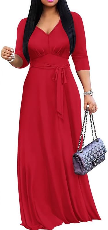 Maxi Dress for Women 3/4 Sleeves V-Neck Semi Formal Church Long Casual Dresses with Pockets