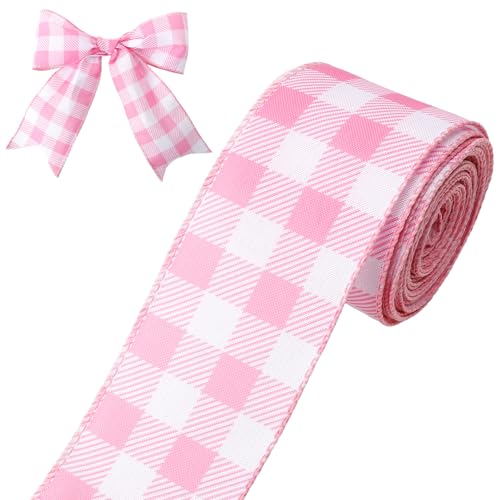 Pink and White Gingham Ribbon Spring Wired Ribbon 2.5 Inch Pink Buffalo Plaid Checkered Ribbon 10 Yards for Gift Wrapping DIY Crafts Wreath Bouquet Baby Shower Spring Summer Party Home Decor