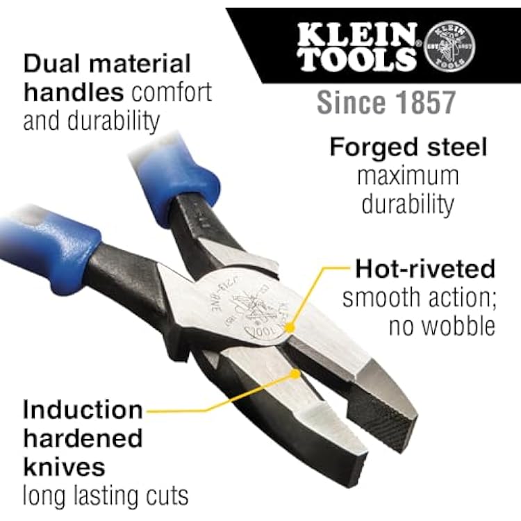 Klein Tools J2138NE Pliers, 8-Inch Side Cutters, High Leverage Lineman's Pliers Cut Copper, Aluminum and other Soft Metals