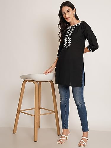 Image of Brownverse Pure Cotton Embroidered Women Short Kurti