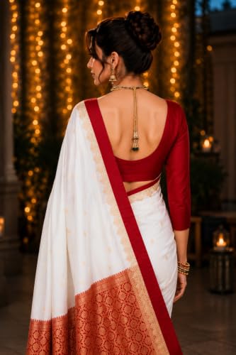 Image of Women's Glory Womens Satin Saree with Silver Woven Border | Elegant Plain Glossy Silk Saree for Party, Wedding, Reception & Festive Style with Unstitched Blouse Piece