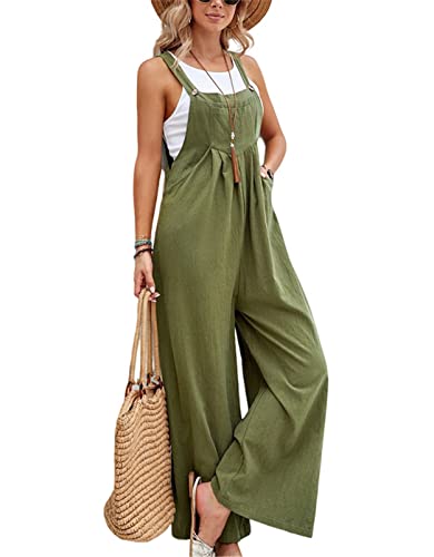 SotRong - Mono de pierna ancha con bolsillo para mujer, overol de verano bohemio sin mangas, con tirantes, Ejercito Verde, L