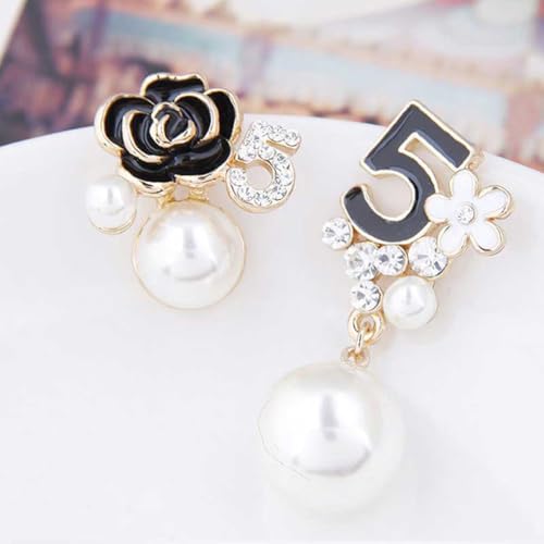 Faux Imitation Pearl White Black Floral Dangle Drop Earrings Studs for Women3
