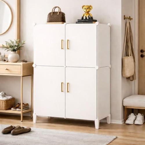 Image of Modular Shoe Rack Organizer with Drawer Storage, Multi-Layer Foldable Shoe Cabinet with Dustproof Doors for Home Entryway Bedroom (HE-White, 4-Door)