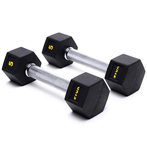 ZIVA Performance Virgin Rubber Hex Dumbbell Set for Weight Lifting, Core Training â€“ Corrosion Resistance Chrome Handle â€“ Pair of Two Dumbbells, 5 lb.