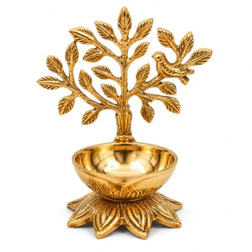 Image of Sotfamily 100% Pure Brass Kalpavriksha Diya for Puja, Tree of Life Brass Deepak for Mandir, Home Temple, Festive Decoration & Spiritual Decor
