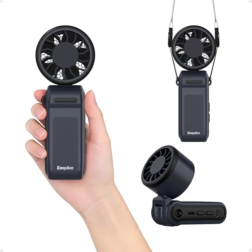 EasyAcc Turbo Handventilator 5000mAh Turboventilator 20h Laufzeit 3 Geschwindigkeiten klappbar tragbar mit Lanyard für Reisen Camping Sport & Outdoor-Aktivitäten - Schwarz