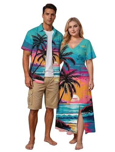 Image of Matchable Couple Hawaiian Sea Beach Starfish Turtle Shell Print Shirt or Plus Size Midi Split A Line Dress