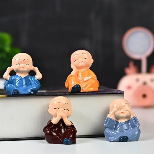 Image of HindCraft Mini Monk Figurines Set of 4 - See No Evil, Hear No Evil, Speak No Evil, Think No Evil Statues - Cute Ceramic Monk Ornaments for Home, Office, Meditation Festive Decor