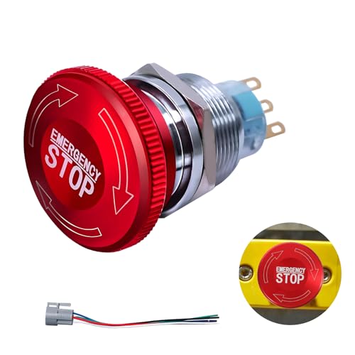 22mm Interrupteur d'Arrêt d'Urgence, Bouton Start Stop Engine, Interrupteur à Bouton-poussoir D’arrêt d’Urgence en Métal en Acier Inoxydable, 12-250V,...