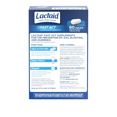 Image of Lactaid Fast Act Lactose Intolerance Relief Caplets, Lactase Enzyme to Prevent Gas, Bloating and Diarrhea Due to Lactose Sensitivity, Single-Serve Supplements for Travel and On-The-Go, 60 Count