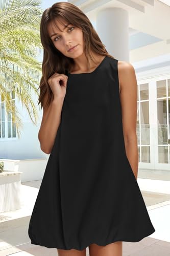 Image of COCOMARTS Dress for Women Summer Casual Linen Mini Dresses Sleeveless Crew Neck Bubble Keyhole Tie Back Vacation Sundress