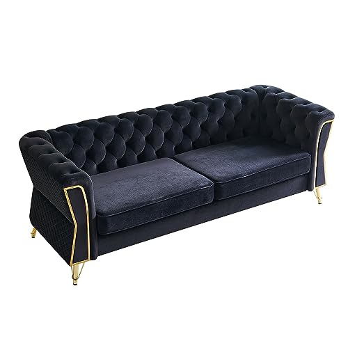 Image of KEIKI 87 inch Chesterfield Velvet Button Tufted Sofa with High Density Foam Cushions, Modern 3-Seater Couch with Gold Strip Trim Decoration, Easy Assembly, for Apartment, Living Room, Office, Black