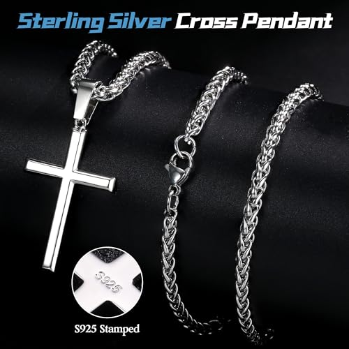 IRONBOX 925 Sterling Silver Cross Necklace for Men Women with 3MM Stainless Steel Strong Durable Wheat Chain 18K White Gold Plated Crucifix Pendant Necklace Jewelry 16-30 Inches3