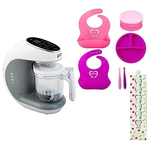 EVLA'S Baby Food Maker, Food Processor, Blender, Grinder, Steamer for Healthy, Homemade Food with 6 Reusable Pouches and Baby Feeding Set, White & Pink Cover