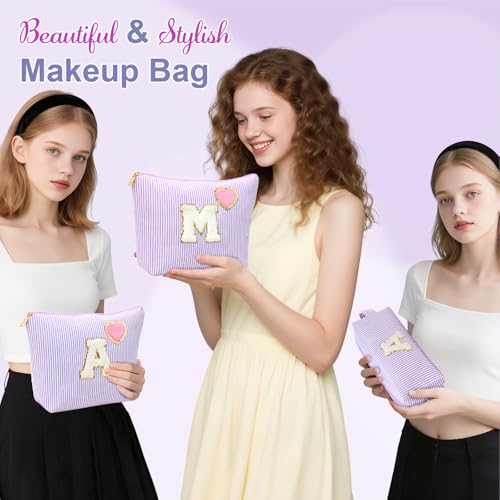 Personalized Initial Makeup Bag Gifts Preppy Cosmetic Bag Trendy Toiletry Travel Bag For Teen Girls Kids Women Letter Makeup Pouch Purse Holiday Gifts Birthday Christmas Gifts 2pack (A, Purple)3