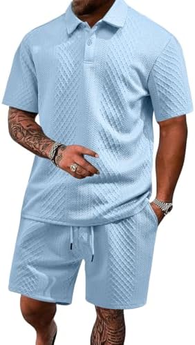 Men's 2 Pieces Outfits Casual Polo Shirt and Shorts Set Collar At...