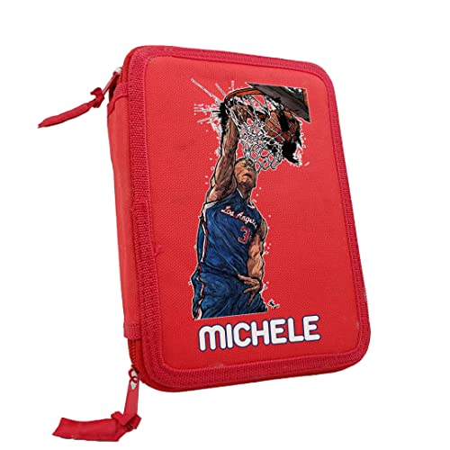 Astuccio Scuola 3 Zip Completo di 33 Pezzi con nome portatutto Portapastelli Basket Pallacanestro di Penne Pastelli Pennarelli Righello Temperino Gomma Taccuino bambino rosso