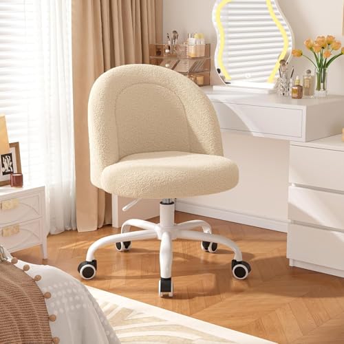Image of DurayLoly Vanity Chair with Back, Cute Desk Chair with Wheels, Armless Chair with Height Adjustable &360 Swivel, Soft Lumbar Support for Small Space, Bedroom, Light Yellow