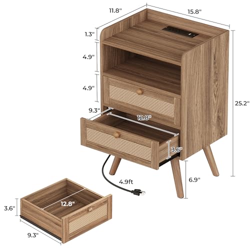 SUPERJARE 2 Drawer Night Stand with Charger Station, Boho Rattan Nightstand Set of 2, 25.2 Inch Tall Bed Side Table with Solid Wood Feet, End Table, Open Storage, Synthetic Rattan, Walnut