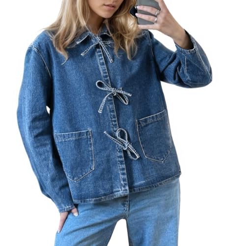 Womens Tie Front Jean Jacket Lightweight Casual Loose Long Sleeve Denim Shacket Coat with Pockets