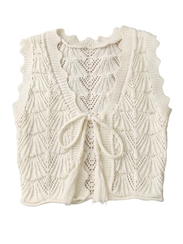 Verdusa Women's Crochet Sweater Vest Vacation Bow Tie Sleeveless Knit Tops White Medium