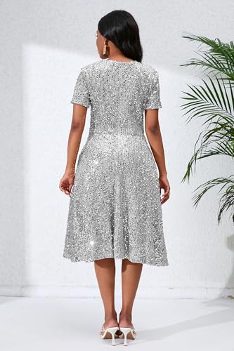 Image of Sequins Glitter Short Sleeve Women's Maxi A-line Dress - Sparkly Party Elegant