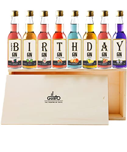 IL GUSTO Birthday Gift - Miniature Gin Set 40ml each - Pack of 8 | Premium Miniatures in Wooden Box