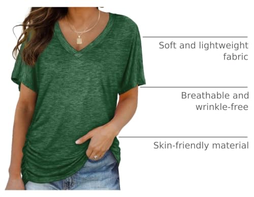 Image of WIHOLL Womens Summer T-Shirts Short Sleeve V Neck Dolman Tops with Side Shirring Loose Fit Shirts Spring Fashion