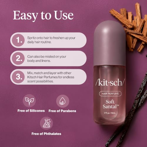 Image of Kitsch Hair Perfume for Women- Soft Santal | Clean, Deodorizing & Patented Odor-Eliminating Technology Hair Spray & Body Mist- Freshen Hair, Body & Pillows- Vanilla Almond, Cherry Blossoms Scent- 50mL