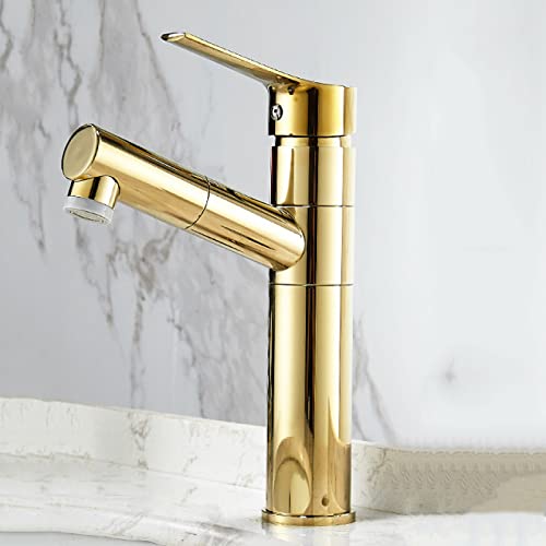 Grifo con pulverizador de extracción monomando para cuenca y lavabo dorado mediano