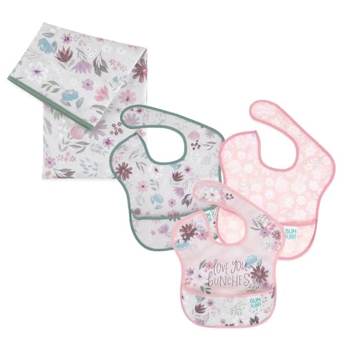 Image of Bumkins Bibs for Girl or Boy, SuperBib Baby and Toddler 6-24 Months, Essential Must Have for Eating, Feeding Set, Waterproof Splat Mat for Under High Chair, Mess Saving, Fabric 3-pk Floral and Lace