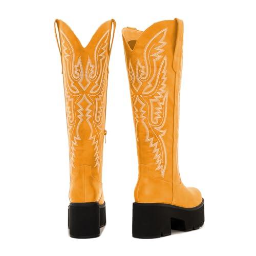 Image of Uillnoodu Wide Calf Cowboy Boots Women Adjustable Lace Up Knee High Tall Plus Size Cowgirl Boots Western Style Comfortable 2-Inch Heel