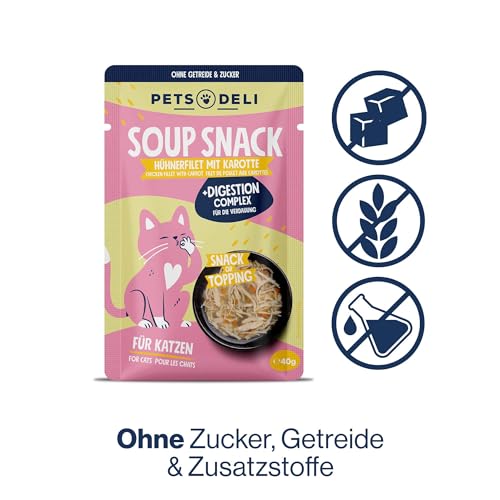Pets Deli Katzensuppe Huhn – Getreidefrei mit Präbiotika für eine gesunde Verdauung – 12 x 40g