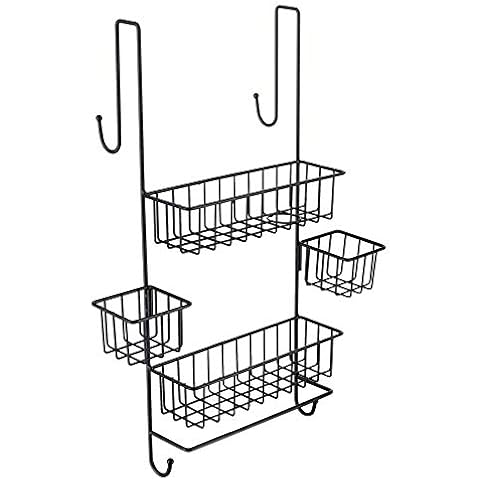 R FLORY Wall Door Shower Caddy with 4 Hooks Towel Bar No Drilling Traceless Rustproof Shower Stall Basket Hanging Bathroom Shower Baskets with 2 Bathrobe Hooks for Shower & Kitchen Home Storage Shelf Cover